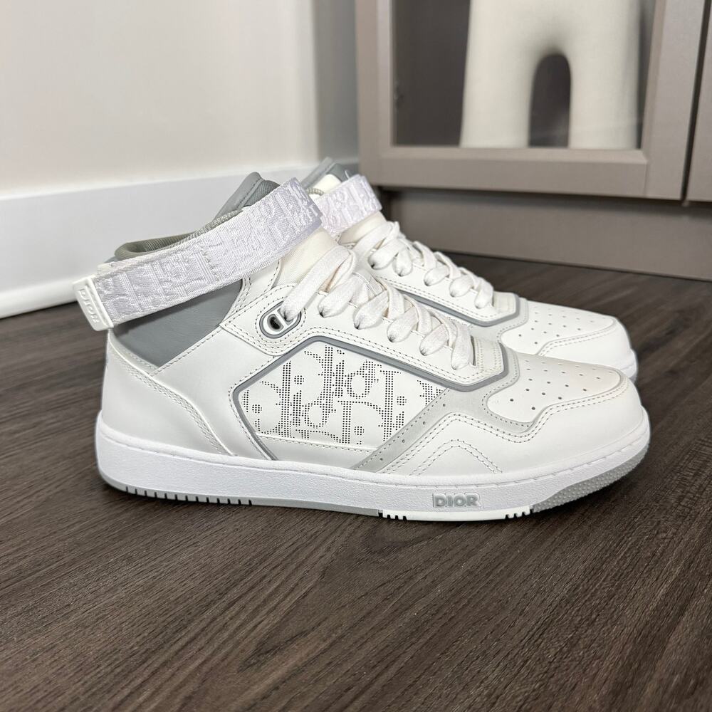 DIOR B27 High Top White Gray Monogram Strap Sneakers 40 NEW Lace up Leather Logo - Picture 2 of 7